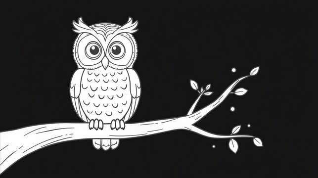 Cute cartoon owl sitting on a tree branch line art drawing isolated on white background