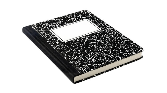 Closed composition notebook with black and white marble pattern cover isolated PNG on white background