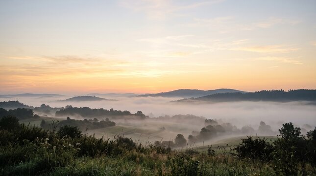 Scenic landscape of rolling hills and valleys during sunrise with mist and clouds