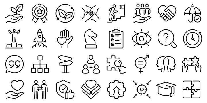 Core Values Thin Line Icon Set. Integrity, mission, vision, trust, purpose, leadership and growth. Editable Stroke. Vector Illustration isolated on white background.