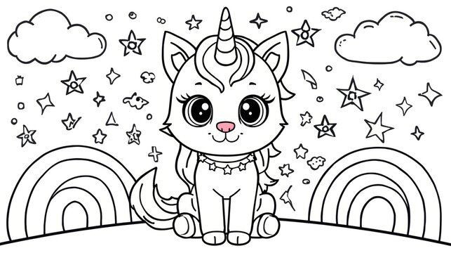 Cute unicorn cat drawing for kids coloring page with stars and clouds isolated on white background