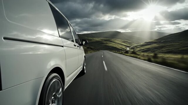 White van driving on winding road through hilly landscape