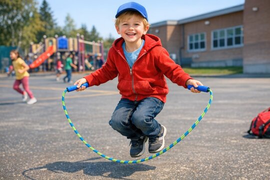 A young boy leaping over a colorful hula hoop, a fun and playful scene