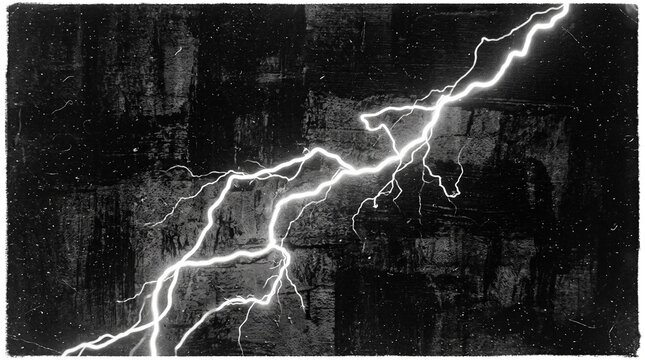 Bright lightning bolt striking across dark stormy sky with textured background