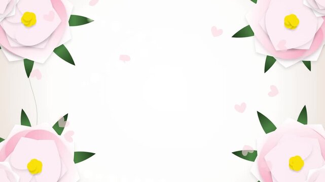 Soft Pink Camellia Flowers Border with Falling Petals on White Background.