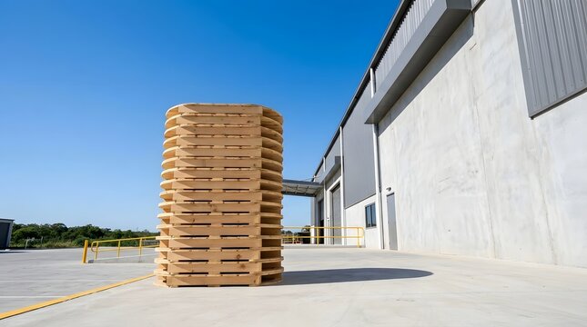 High stack of clean wooden pallets standing outside a modern industrial warehouse building under a clear blue sky