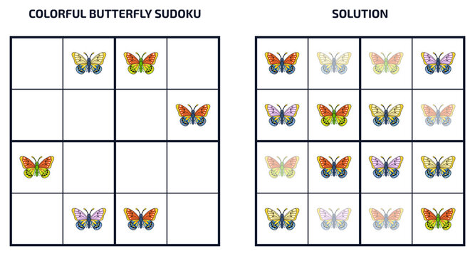 Colorful butterfly sudoku puzzle and solution educational worksheet
