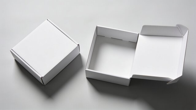 Blank white cardboard mailing boxes top view open and closed with gray backgroun