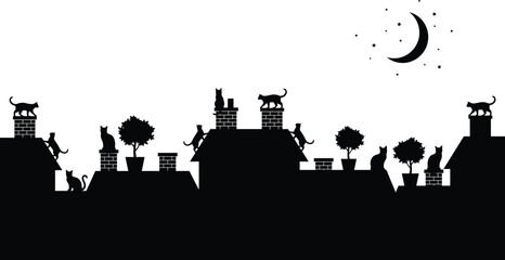 Obraz premium Rooftop Panorama Silhouette Vector Illustration with Cats