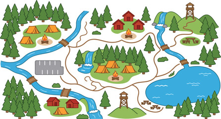 Obraz premium Camping Park Map Flat Vector Illustration with Cabins and Tents