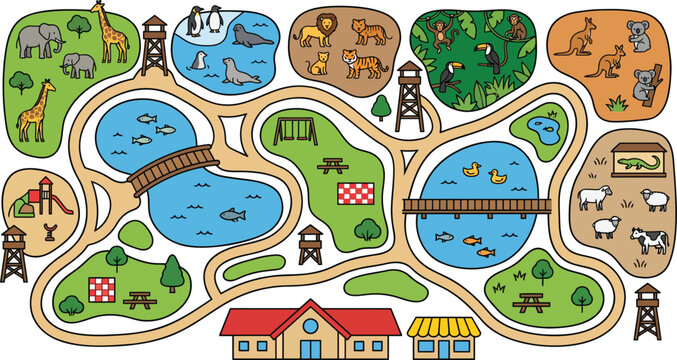 Colorful Zoo Park Map Flat Vector Illustration with Animal Habitats