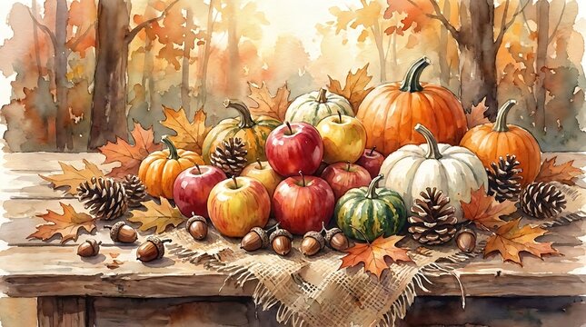 Autumn harvest bounty assortment with pumpkins apples pinecones and fall leaves