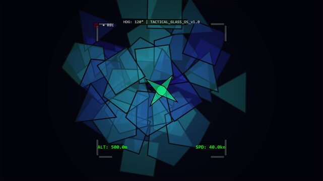 Futuristic HUD overlay with rotating geometric shapes and digital data