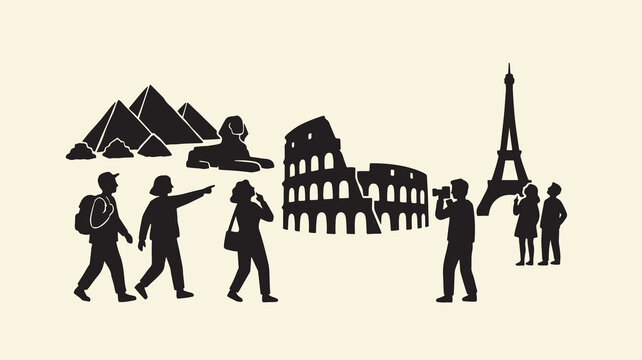 Global tourism with people visiting famous landmarks pyramids colosseum eiffel tower.