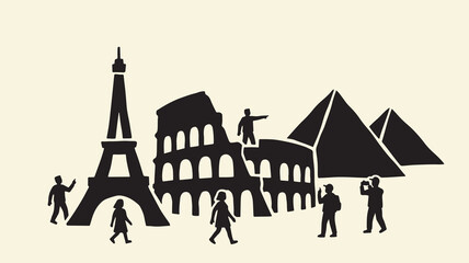 Naklejka premium Travelers visiting famous historical monuments including eiffel tower colosseum pyramids.