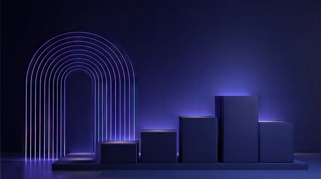 Abstract dark blue geometric design with arch and steps copy space