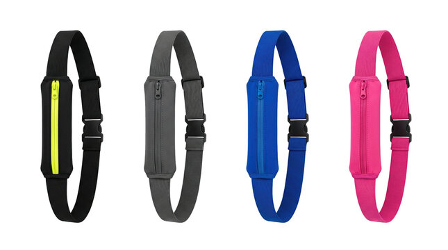 Selection of four slim running belts with zippered pockets PNG on white background, accessory PNG on white background