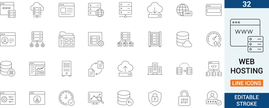 Web hosting vector line icon set. Featuring server cloud infrastructure, network domain database and datacenter storage.