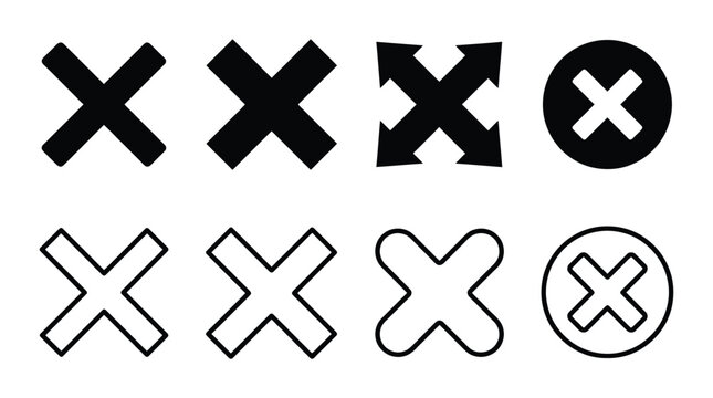 Cross marks and circle with cross black and white silhouette signs symbols