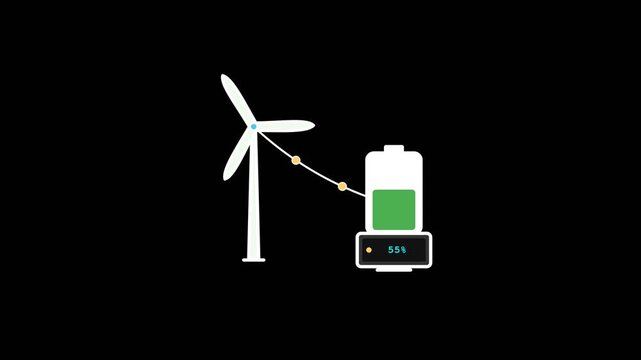 Wind turbine animation showing renewable energy charging a battery in this minimalist digital motion graphic video clip for presentation usage