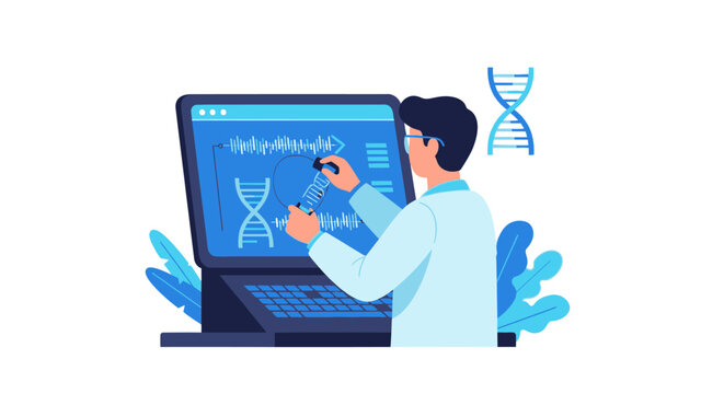 Scientist Analyzing DNA Sequence and Genetic Data on Computer Screen, Laboratory Research for Biotechnology and Healthcare Innovation Flat Vector Illustration