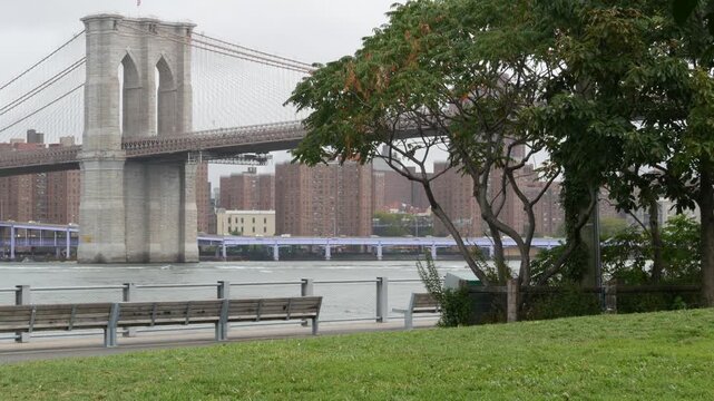 Brooklyn Bridge and residential district from Brooklyn Bridge Park promenade, New York City, United States. American architecture, famous tourist landmark. Foggy rainy day. Green grass lawn for picnic