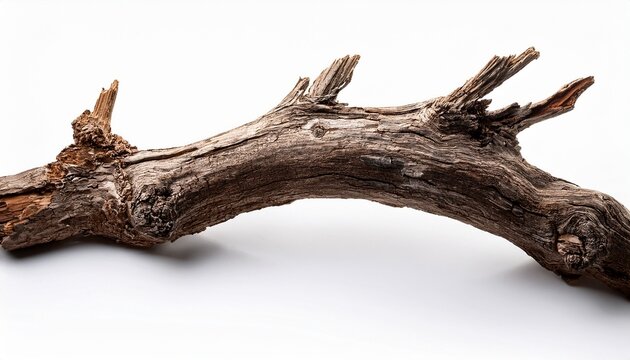 broken tree branch with rustic bark and driftwood texture isolated on white background