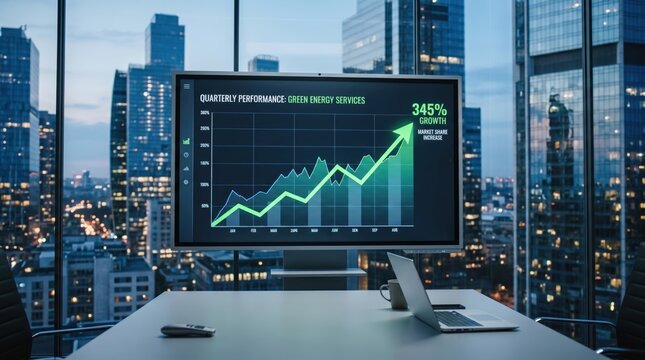 Computer monitor displaying quarterly performance graph for green energy services showing three hundred forty five percent growth arrow on office desk with city skyline background