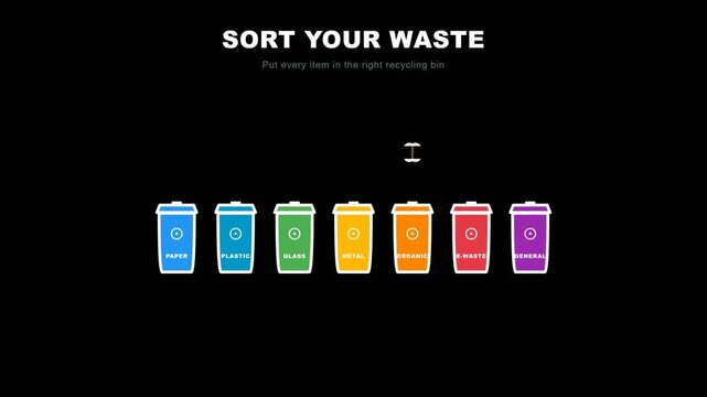 Colorful recycling bins animation showing waste sorting process with falling organic trash items in this educational motion design video clip