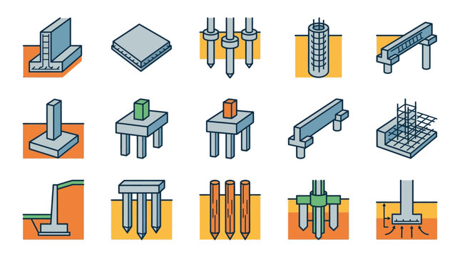 Elegant Collection of 15 Distinct Foundation and Footing Structures Illustrated with Simple Line Art in Blue Orange and Gray