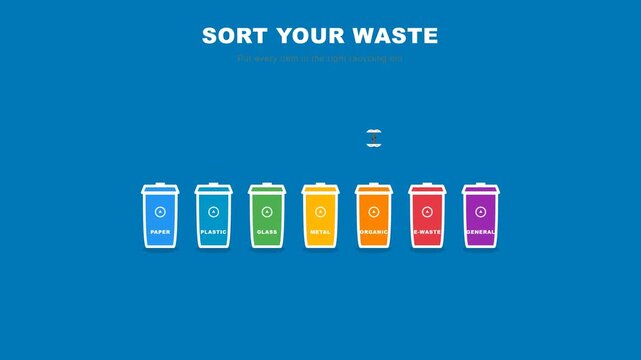 Colorful recycling bins animation showing waste sorting process with motion graphics for environmental education on a vibrant blue background video