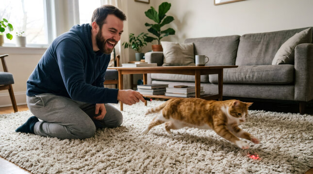 Man playing with ginger cat using laser pointer in living room. Happy pet owner having fun with animal at home. Domestic lifestyle and bonding between human and feline in apartment.