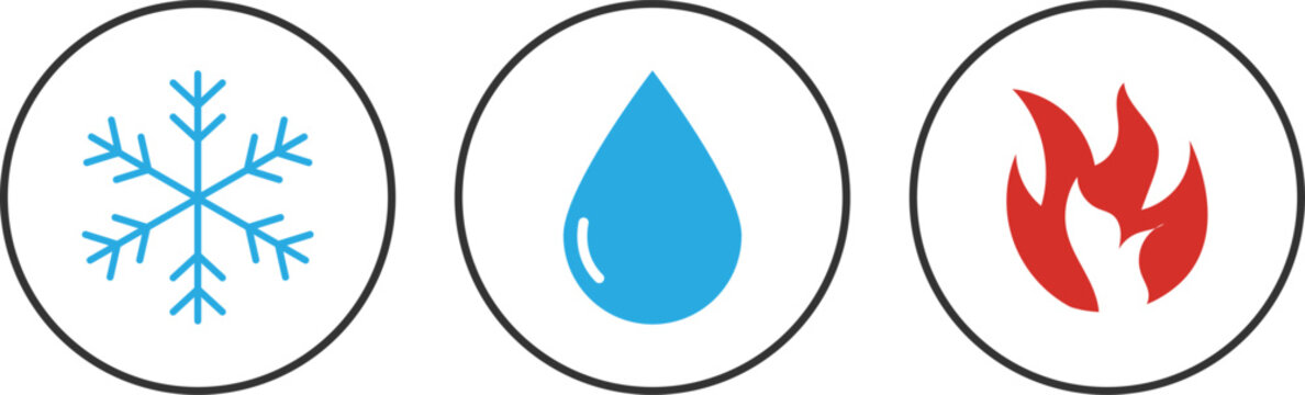 Three circular icons representing snowflake water drop and fire symbols