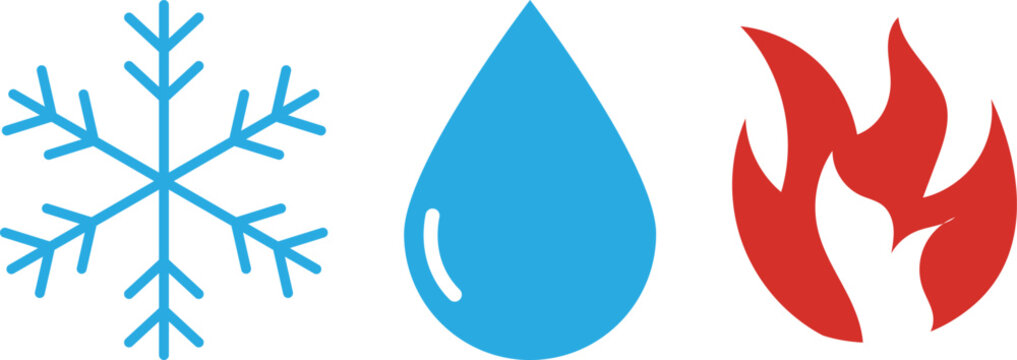 Icon set featuring a blue snowflake water drop and red fire flame symbols