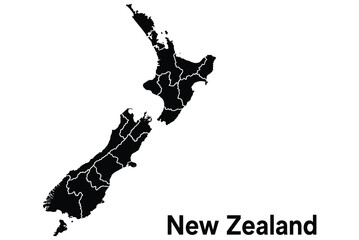 Black silhouette map of new zealand islands with regional boundaries silhouette geography cartography territory location international isolated political landmass navigation © Romzain