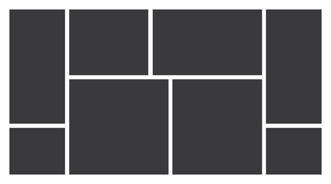 8 Image Photo Collage, 5 Empty geometric photo collage grid rectangle template shape. Modern tiles pattern mosaic for portfolio presentation. Background and photo album for wall mood board.