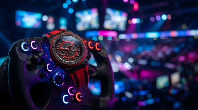 Modern chronograph watch on a racing steering wheel at a stadium event