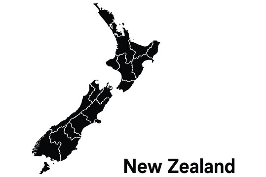 Black silhouette map of new zealand islands with regional boundaries silhouette geography cartography territory location international isolated political landmass navigation