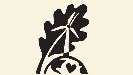 Global environmental conservation symbol showing wind turbine inside green oak tree leaf. © TREND AND VECTORS