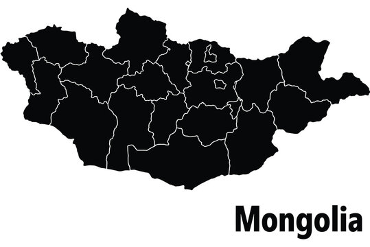 Mongolia map silhouette with internal regional borders in black and white mongolia silhouette geography territory mongolian cartography administrative location illustration