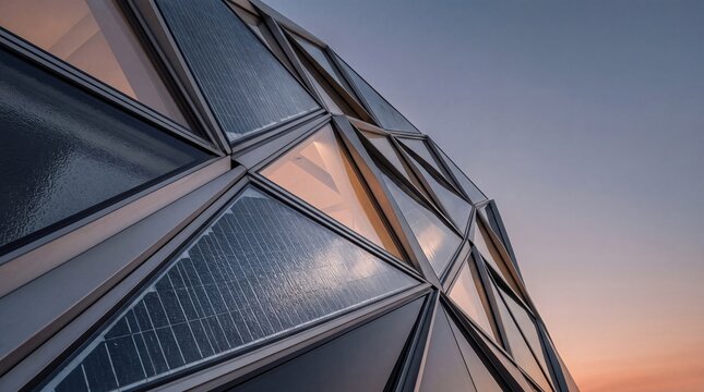 Close-up view of modern building facade featuring geometric triangular solar panels integrated into glass architecture, sustainable energy concept against twilight sky background.
