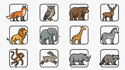 Fototapeta premium Modern Colorful Illustrated Animal Icons Set 12 Unique Wildlife Creatures in Simple Line Art Style