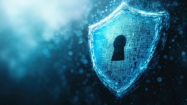 Digital security shield with keyhole on a blue sparkling background