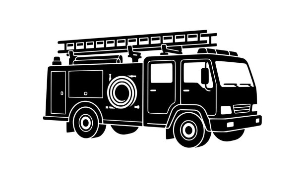 Modern Flat Fire Engine Silhouette Vector Icon with Ladder and Hose Equipment for Emergency Response Systems