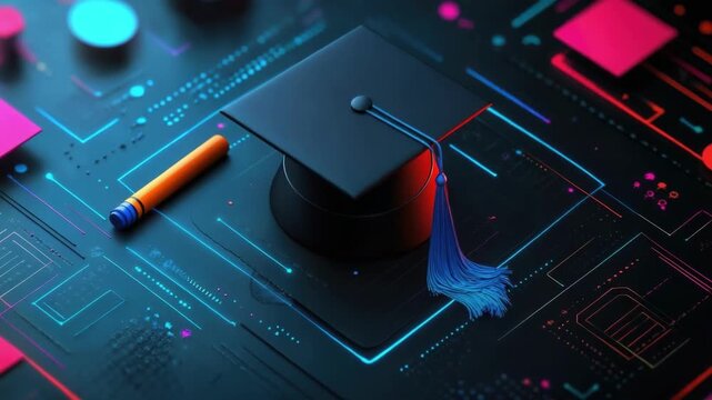 Graduation cap on colorful circuit board with pencil and neon lights