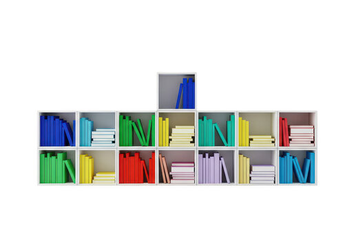 White modular bookshelf filled with colorful books.