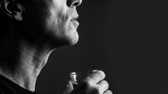 Close up of a man's chin and mouth with a droplet of liquid falling from his lips holding a shot glass