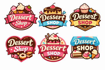 Naklejka premium Various dessert shop logos, badges, and emblems displaying confectionery items for bakery and sweet treat businesses