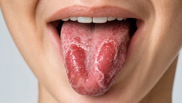 Closeup view of a human tongue showing signs of geographic tongue condition