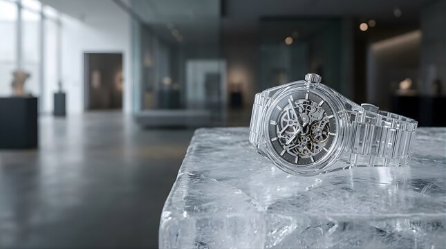 Transparent skeleton wristwatch resting on an ice block in a gallery